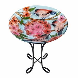 17.8 in. Fusion Glass Outdoor Birds & Flowers Design Round Birdbath with Stand