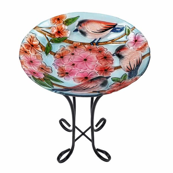 Teamson Home 17.8 in. Fusion Glass Outdoor Birds & Flowers Design Round Birdbath with Stand
