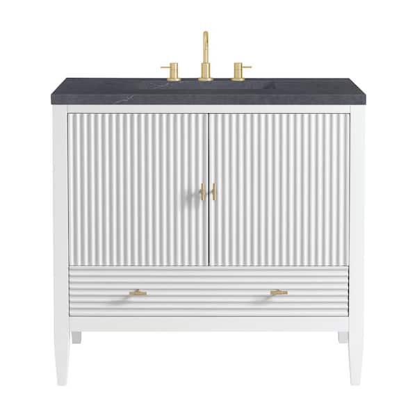 James Martin Vanities Myrrin 36.0 in. W x 23.5 in. D x 34.06 in. H Single Bathroom Vanity Bright White and Charcoal Soapstone Quartz Top