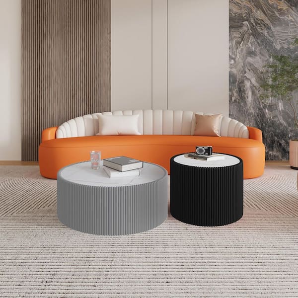 Halvion Modern 29.52 in. Grey Round PU Leather Cylinder Light Marble Top Coffee Table