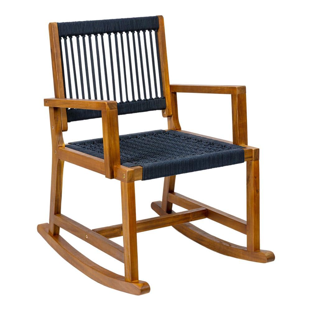 Laguna Coastal Casual 352 lbs. Support Acacia Wood and Woven Rope Outdoor Rocking Chair, Navy/Natural