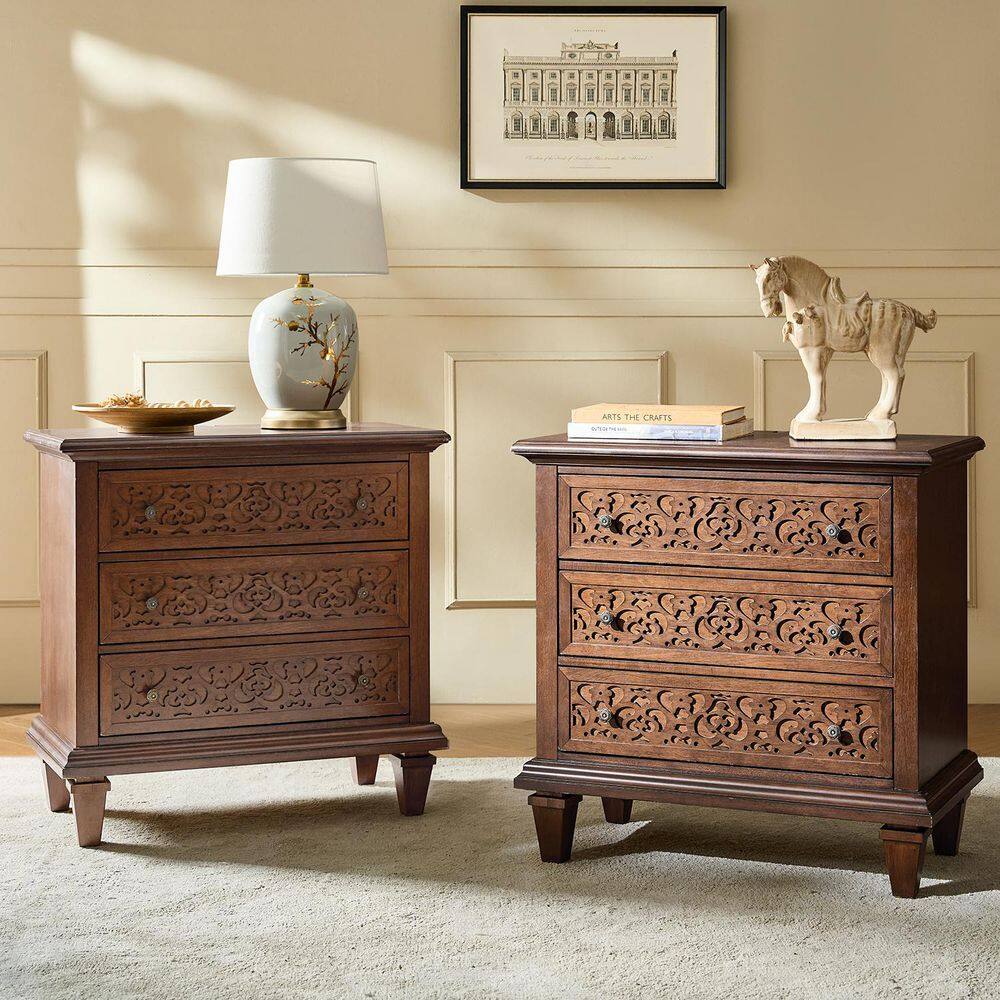 Augusto Transitional 3-Drawer Fretwork Nightstand with Built-in Outlets and Solid Wood Legs (Set of 2)-Walnut