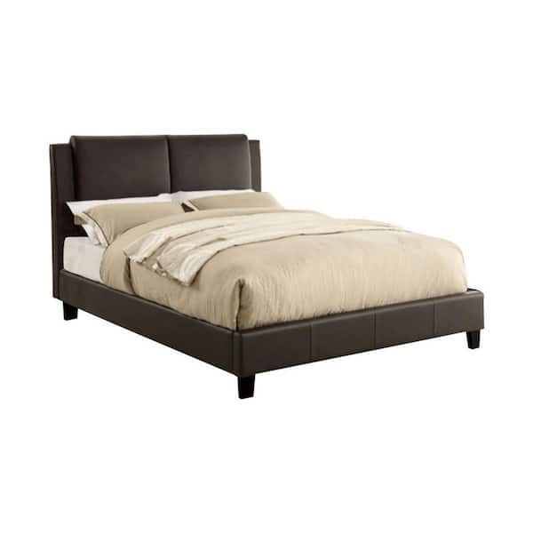 Benjara Brown Wooden Frame Queen Platform Bed with Brown PU Headboard