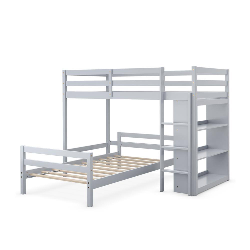 Costway Grey Twin Over Twin Loft Bunk Bed Wood w/Bookcase Guardrail ...