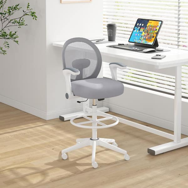 BOSS Office Products BOSS Gray Fabric, Seat Adjustable Height Ergonomic Drafting Chair in Gray with Flip-Up Arms