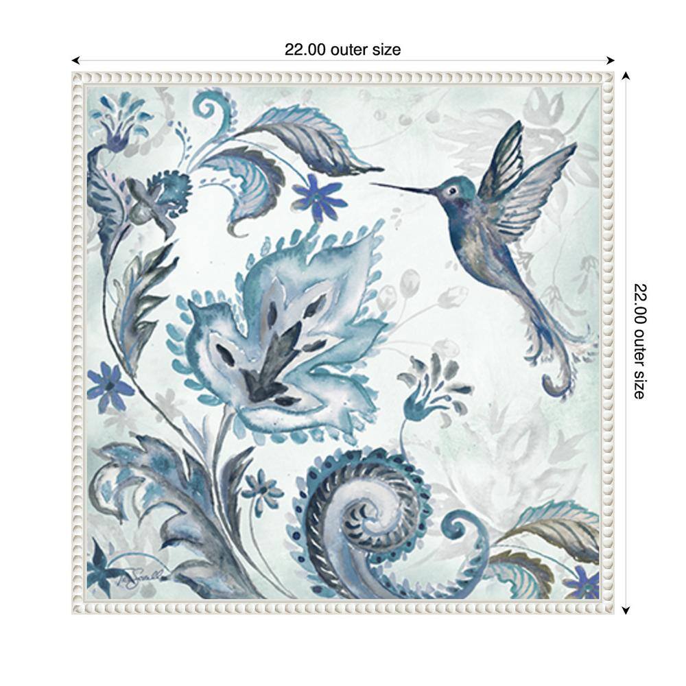 Watercolor Boho Blue Hummingbird Canvas Wall Art in White Frame