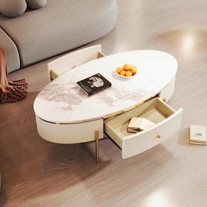 47.2 in. Off White Oval MDF Marble Pattern Coffee Table with 2-Drawers