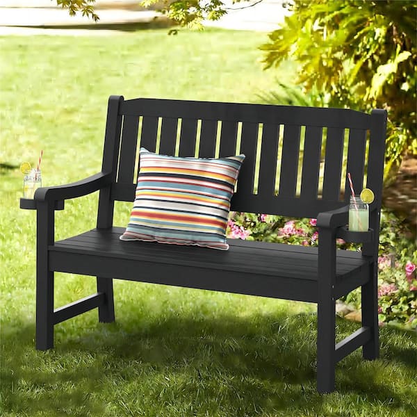 LUE BONA Lowis Black 2-Person Plastic Outdoor Bench with Cup Holder All-Weather HDPS Garden Bench Waterproof for Backyard