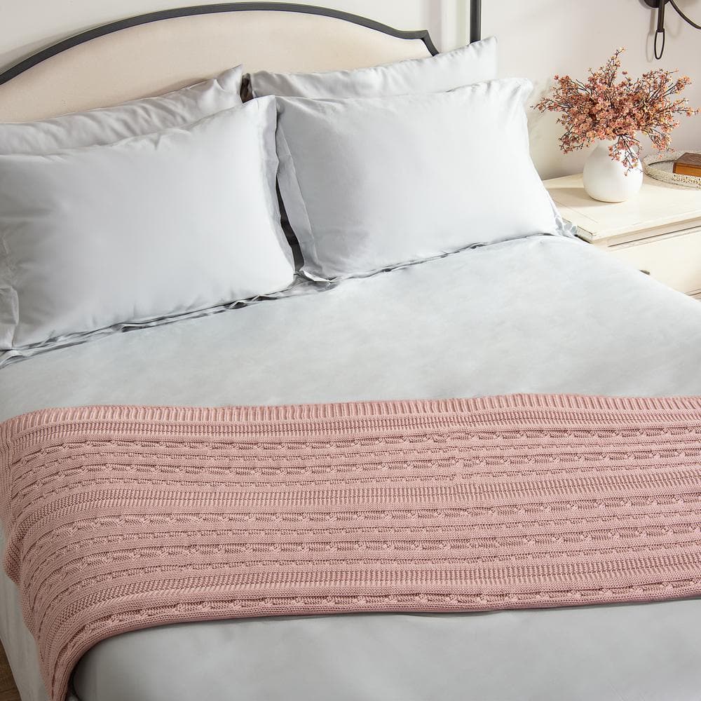 Cameo Pink Organic Cotton Cable Knitted Throw Blanket 50x70 Inches