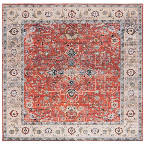 Arizona 6 ft. x 6 ft. Rust/Beige Machine Washable Border Ornate square Area Rug