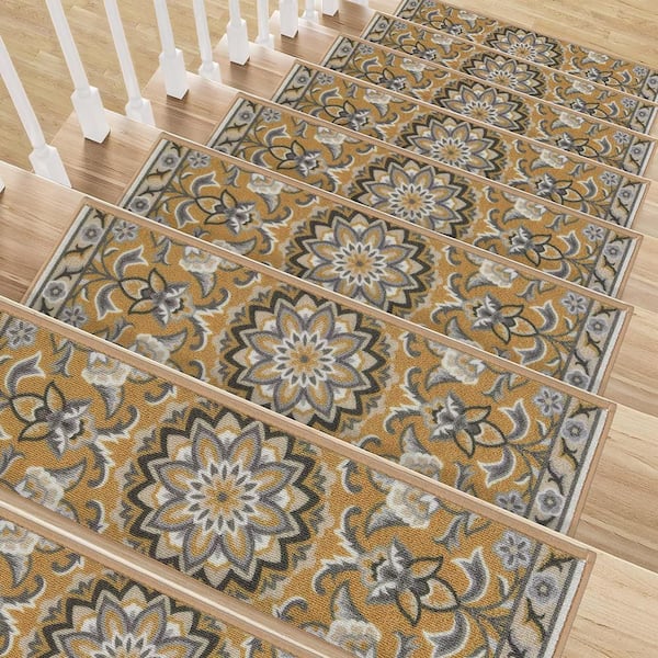 Gray 8 in. x 30 in. Polyester Stair Tread Cover Set of 15 Non-Slip Washable Indoor Stair Carpet Treads