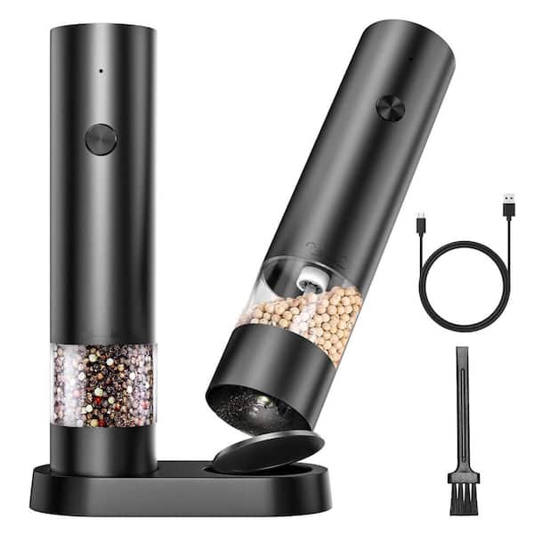 Electric Salt and Pepper Grinder Set, Rechargeable Automatic Mills, Adjustable Coarseness w/ Base & Cove 2-Pack, Black
