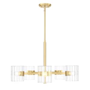 Aries 5 Light Mid Century Modern Brushed Gold with Clear Ribbed Glass Shades Chandelier For Dining Rooms