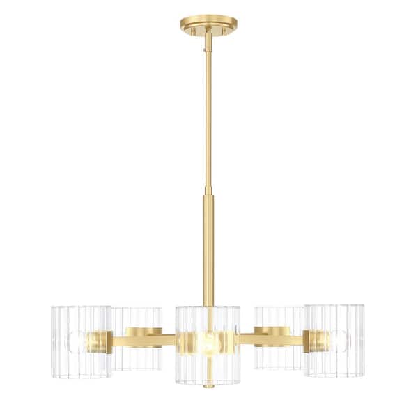 Designers Fountain Aries 5 Light Mid Century Modern Brushed Gold with Clear Ribbed Glass Shades Chandelier For Dining Rooms