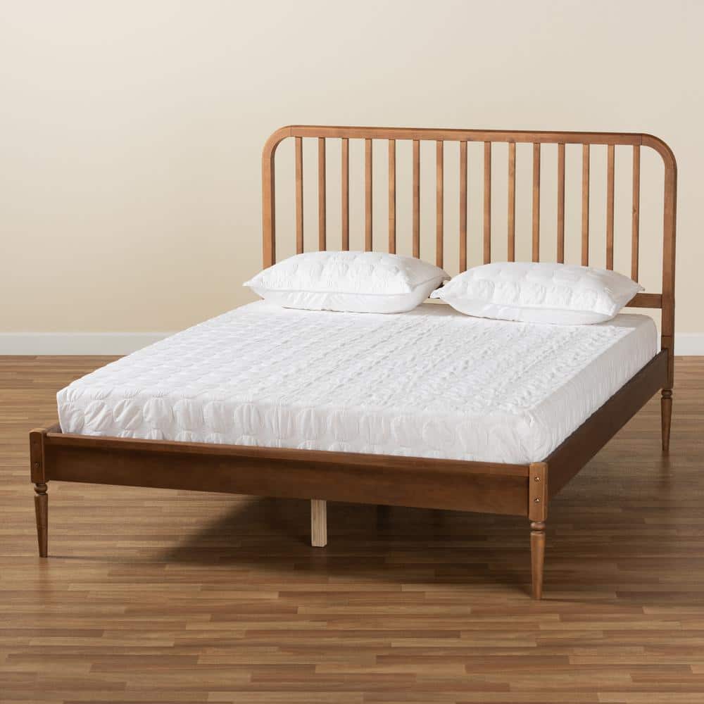 Walnut Brown Wood Queen Platform Bed with Tufted Upholstered Headboard