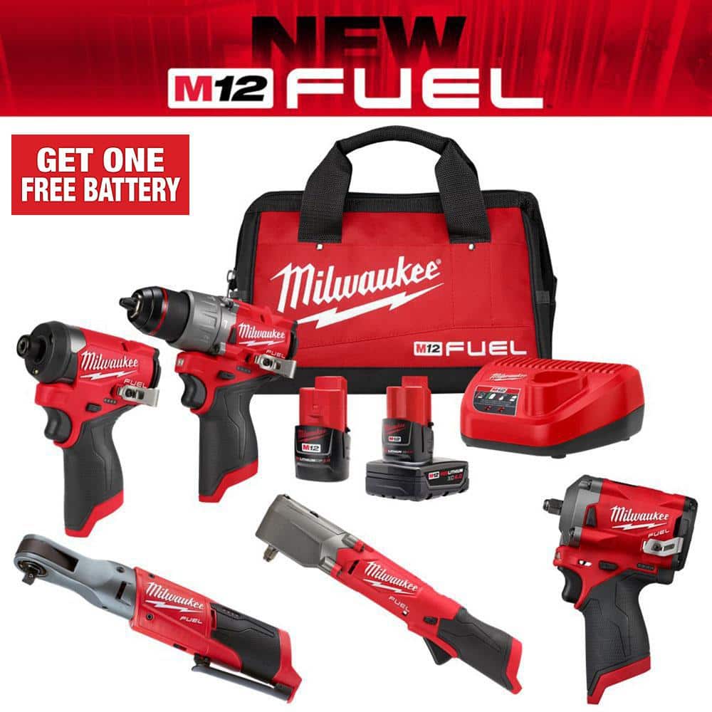 Milwaukee M12 FUEL 12-Volt Li-Ion Brushless Cordless Hammer Drill/Impact Driver/Impact Wrench/Ratchet Combo Kit (5-Tool)