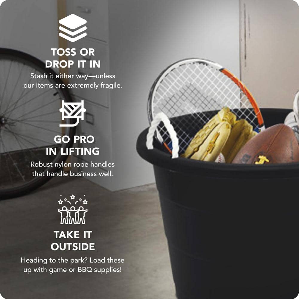 Set of 4 Black Large Plastic Utility Storage Buckets with Rope Handles