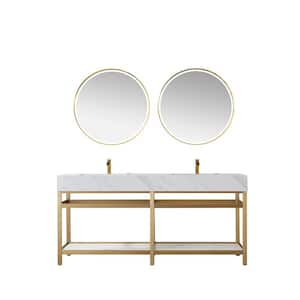 Bilbao 72 in. W x 21.7 in. D x 33.9 in. H Double Sink Bath Vanity in Gold Base with White Sintered Stone Top and Mirror