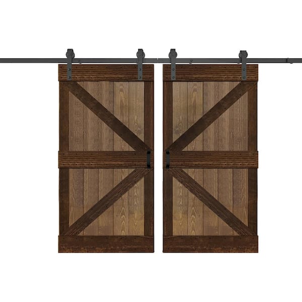 ISLIFE K Series 84 in. x 84 in. Walnut/Coffee Finished DIY Solid Wood Double Sliding Barn Door with Hardware Kit