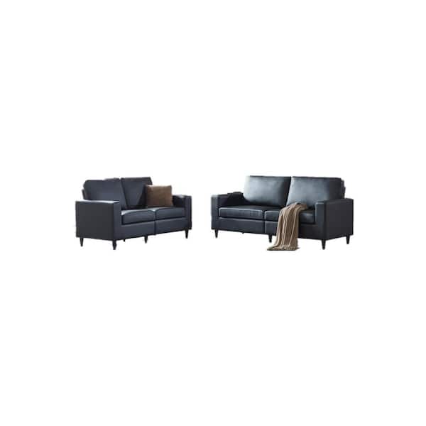 Donason 60.20 in. W Square Arm Faux Leather 3-Seat Straight Sofa with Loveseat in Black (2 + 3 Seat)