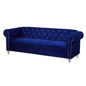 83.1 in Rolled Arms Fabric Rectangle Crystal Tufted Back Sofa in. Blue (1 Piece)