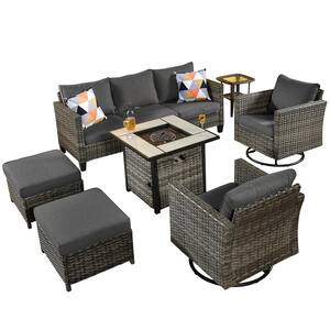 New Vultros Gray 7-Piece Wicker Patio Fire Pit Conversation Seating Set with Black Cushions and Swivel Rocking Chairs