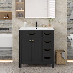 30 in. W x 19 in. D x 34 in. H Single Sink Freestanding Black Bath Vanity with White Resin Top and Drain Faucet Set