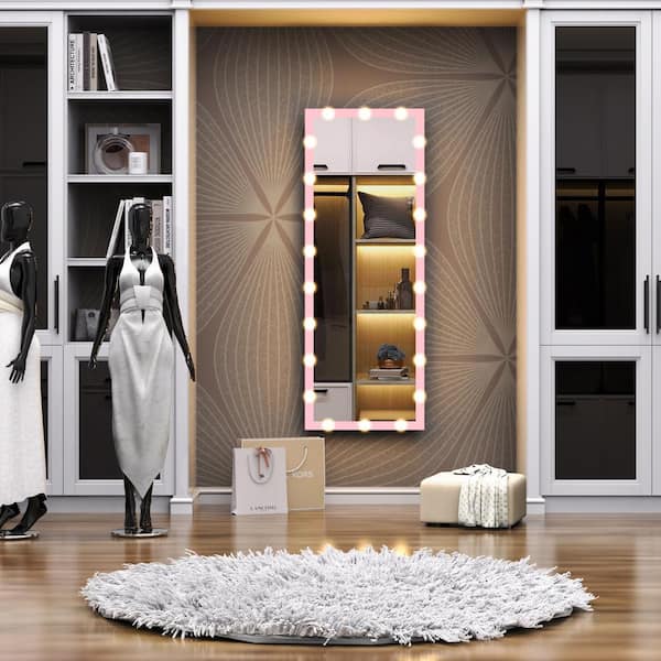 Unbranded Modern 23.3 in. W x 62.6 in. H Rectangular Pink Metal Frame Wall Mirror with 3-Color Modes Lighted for Bedroom Bathroom