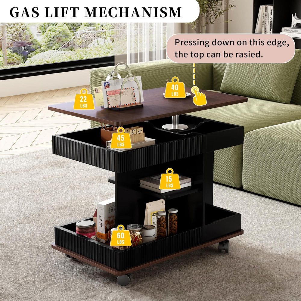 White and Brown 17.7 in. Rectangle Wood Modern End Table with Wheels, 360°Rotating Top Sofa Side Table - thumbnail 4