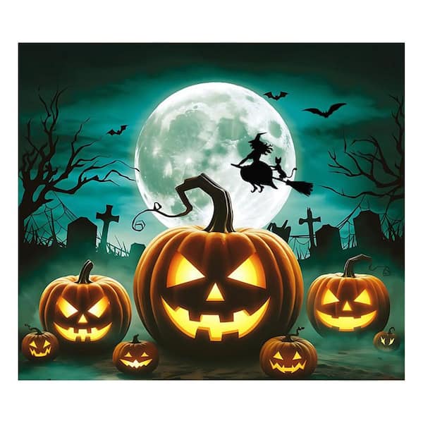 Halloween Garage Door Banner w/Spooky Moon Night Design Pumpkin & Cemetery Scene 7 x 8 ft. Green Backdrop