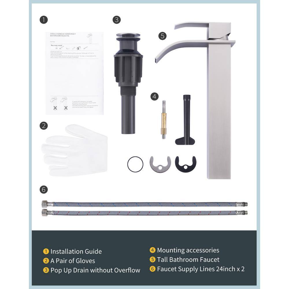 Brushed Nickel Single Handle Waterfall Bathroom Faucet with Pop Up Drain