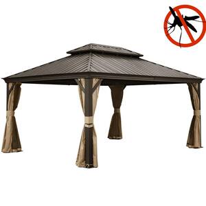 12 ft. x 16 ft. Brown Outdoor Aluminum Gazebo with Galvanized Steel Double Canopy Curtains and Netting for Deck Backyard
