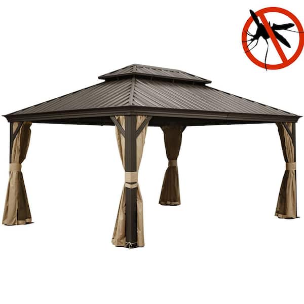 ToolCat 12 ft. x 16 ft. Brown Outdoor Aluminum Gazebo with Galvanized Steel Double Canopy Curtains and Netting for Deck Backyard