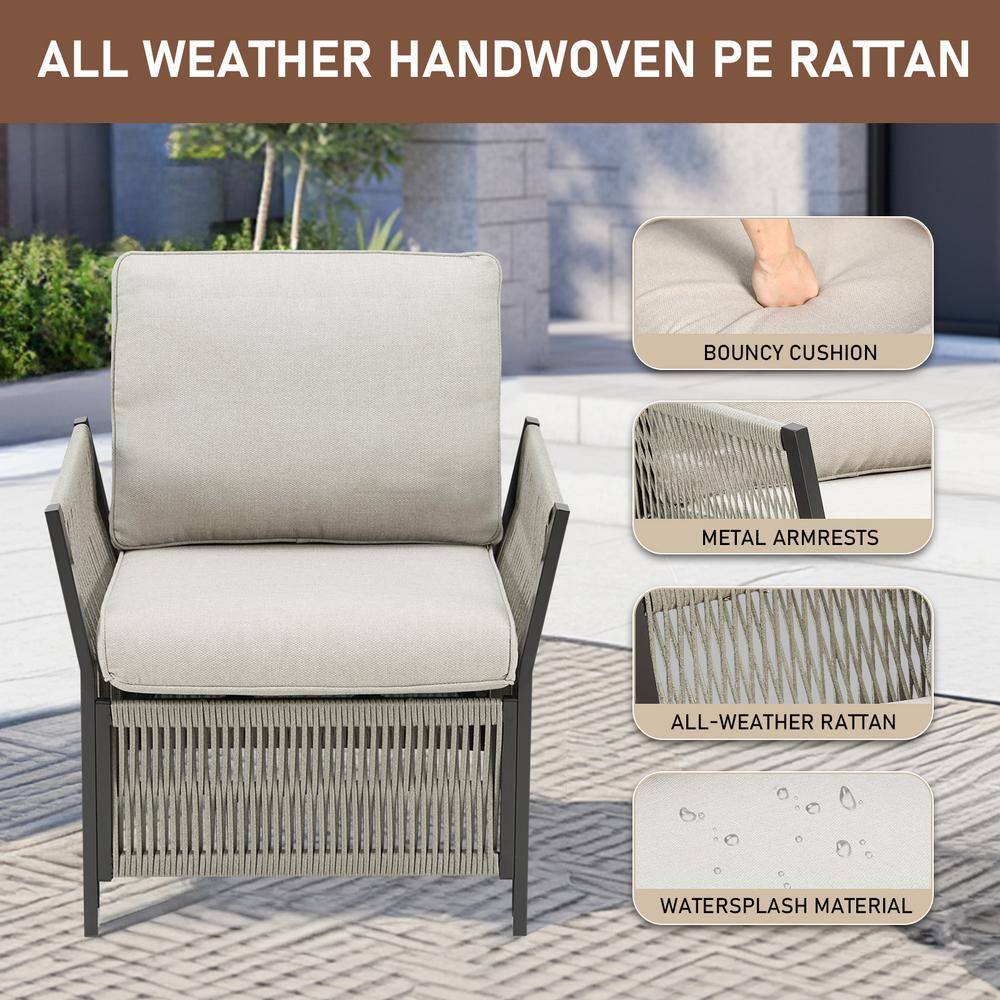 Beige 5-Piece Outdoor Wicker Patio Conversation Set with Cushions
