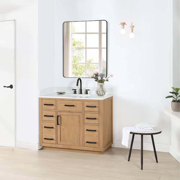 Gavino 42 in.W x 22 in.D x 34 in.H Bath Vanity in Light Brown with Grain White Composite Stone Top and Mirror