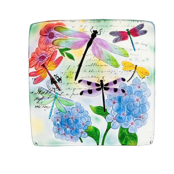 Evergreen 16.5 in. Dragonfly Prints Hand Painted Embossed Square Glass Bird Bath
