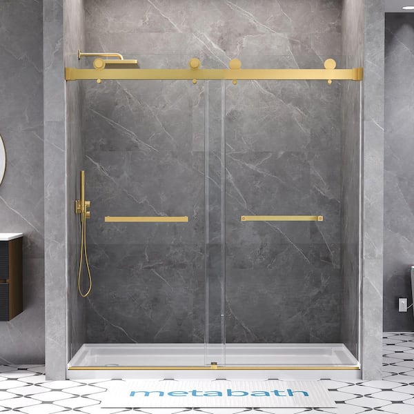66 to 72 in. W x 76 in. H Double Sliding Frameless Shower Door in Brushed Gold with 3/8 in. Tempered Clear Glass