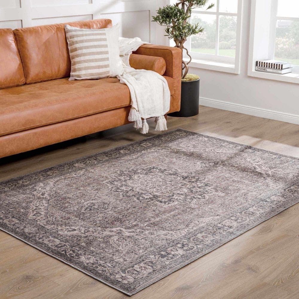 Chenille-Cotton Blend Black Medallion Washable Rug 6'7" x 9'
