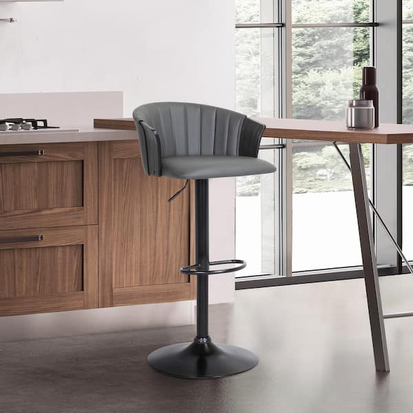 Armen Living Lydia Adjustable 33 in. Black Metal, Wood Bar Stool with Grey Faux Leather Seat