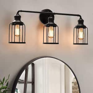 24 in. 3-Light Black Industrial Vanity with Metal Cage Wall Sconce