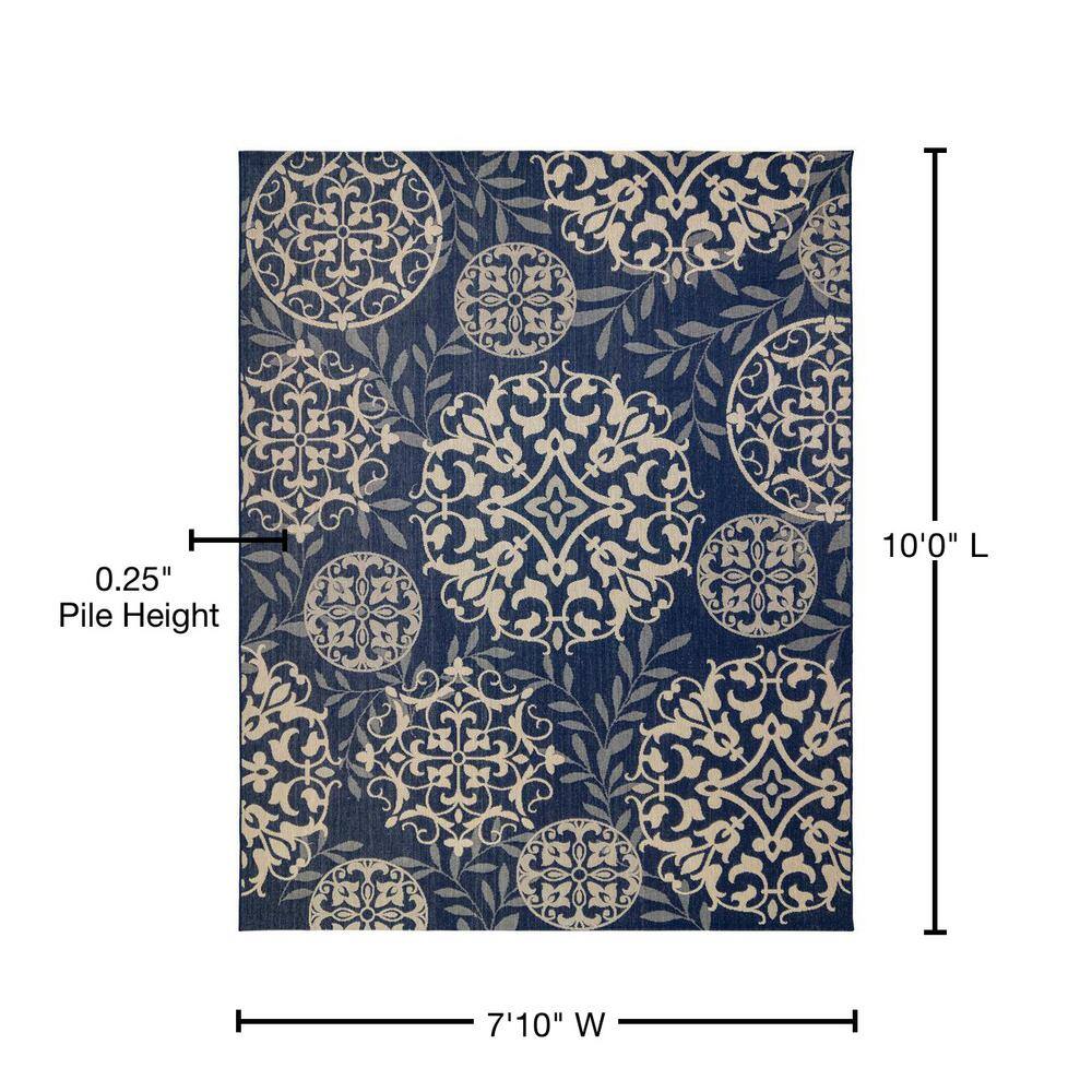 Navy and Beige Medallion Synthetic 8' x 10' Outdoor Rug