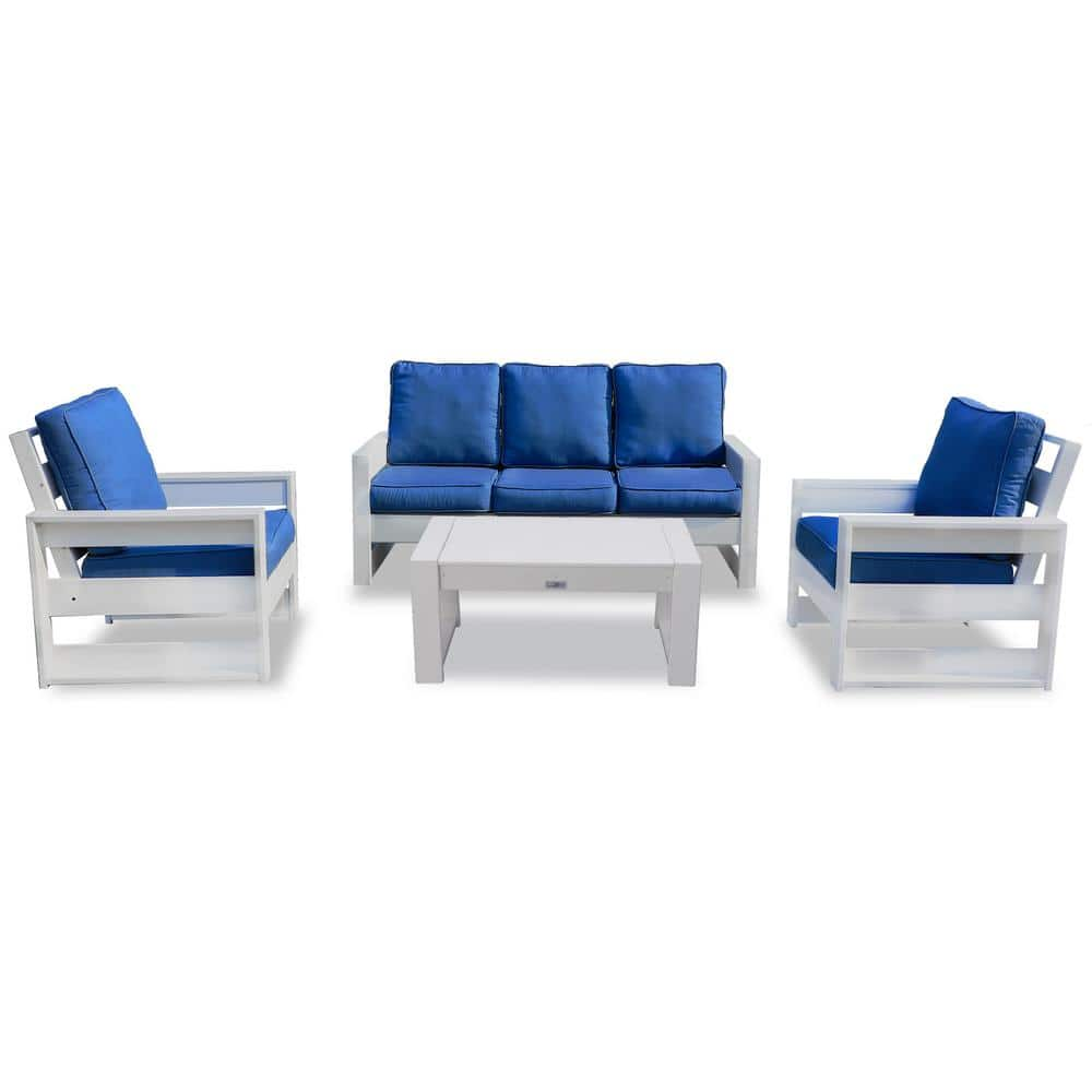 LuXeo Pacifica White 4-Piece Plastic Deep Seating Set With Navy ...