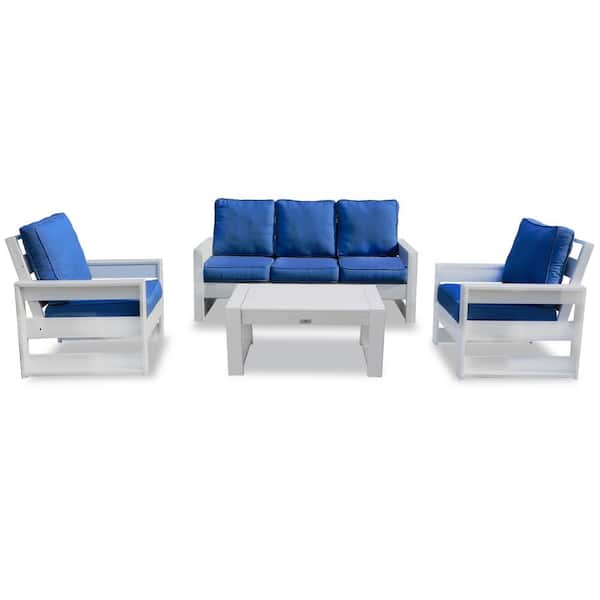 LuXeo Pacifica White 4-Piece Plastic Deep Seating Set with Navy Cushions