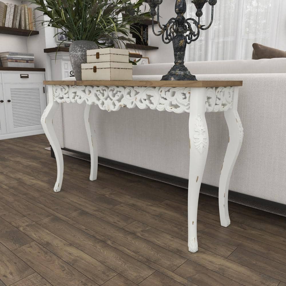 Elegant Farmhouse 46" White and Brown Wood Carved Console Table