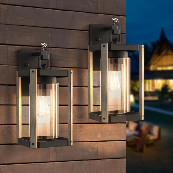 Hawaii 13 in. Black/White E26 Farmhouse Cylinder Dusk to Dawn Outdoor Hardwired Glass Sconce (Set of 2)