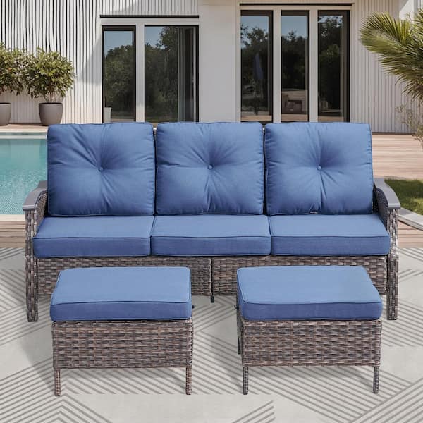 Buenaola Nyajiah Dark Brown Wicker Outdoor Sofa Set Patio Sofa Sectional Couch with Blue Cushions and Ottomans