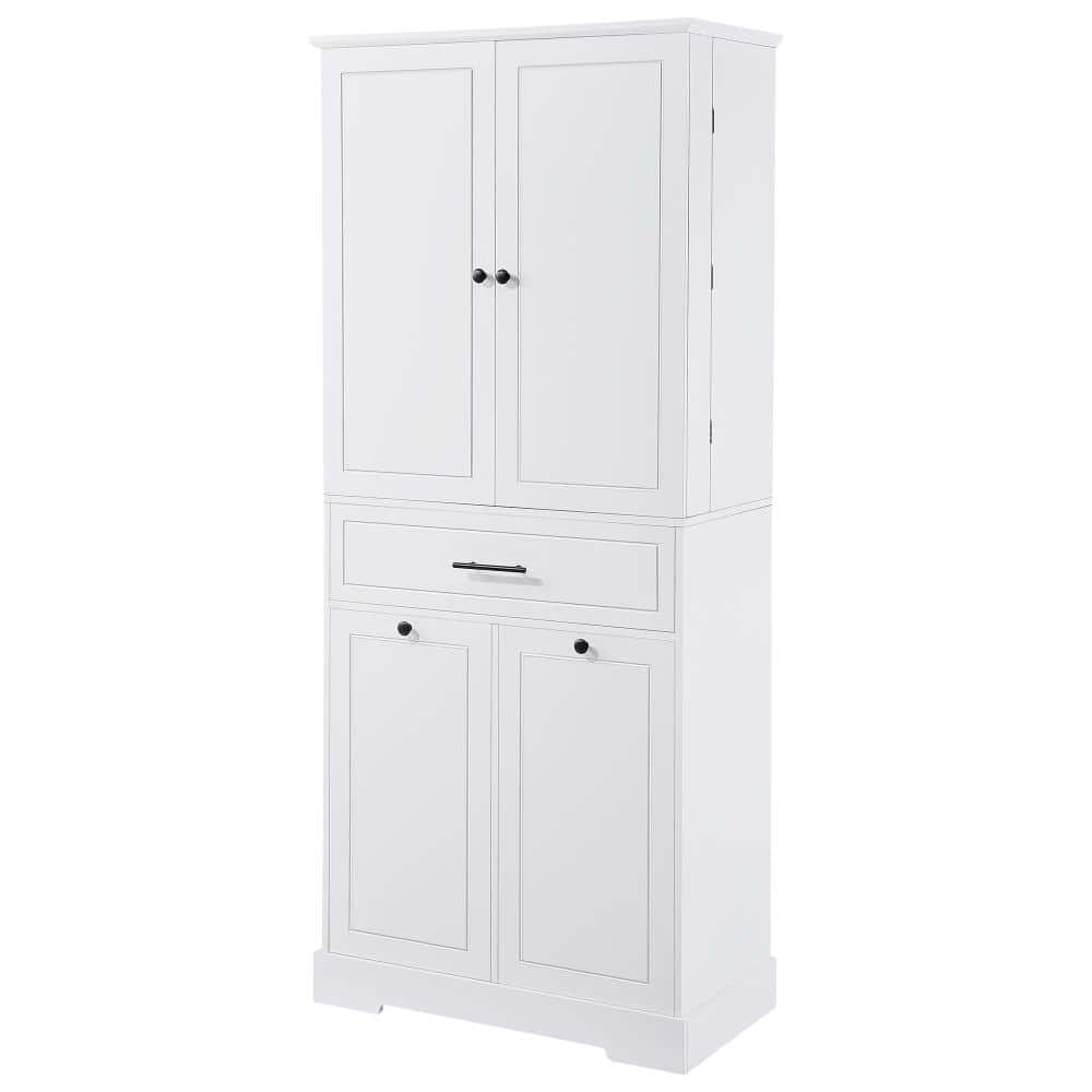 31 in W x 16 in D x 72 in H Linen Cabinet Pantry Storage Cabinet in White with Tilt-Out Laundry Hamper, Adjustable Shelf