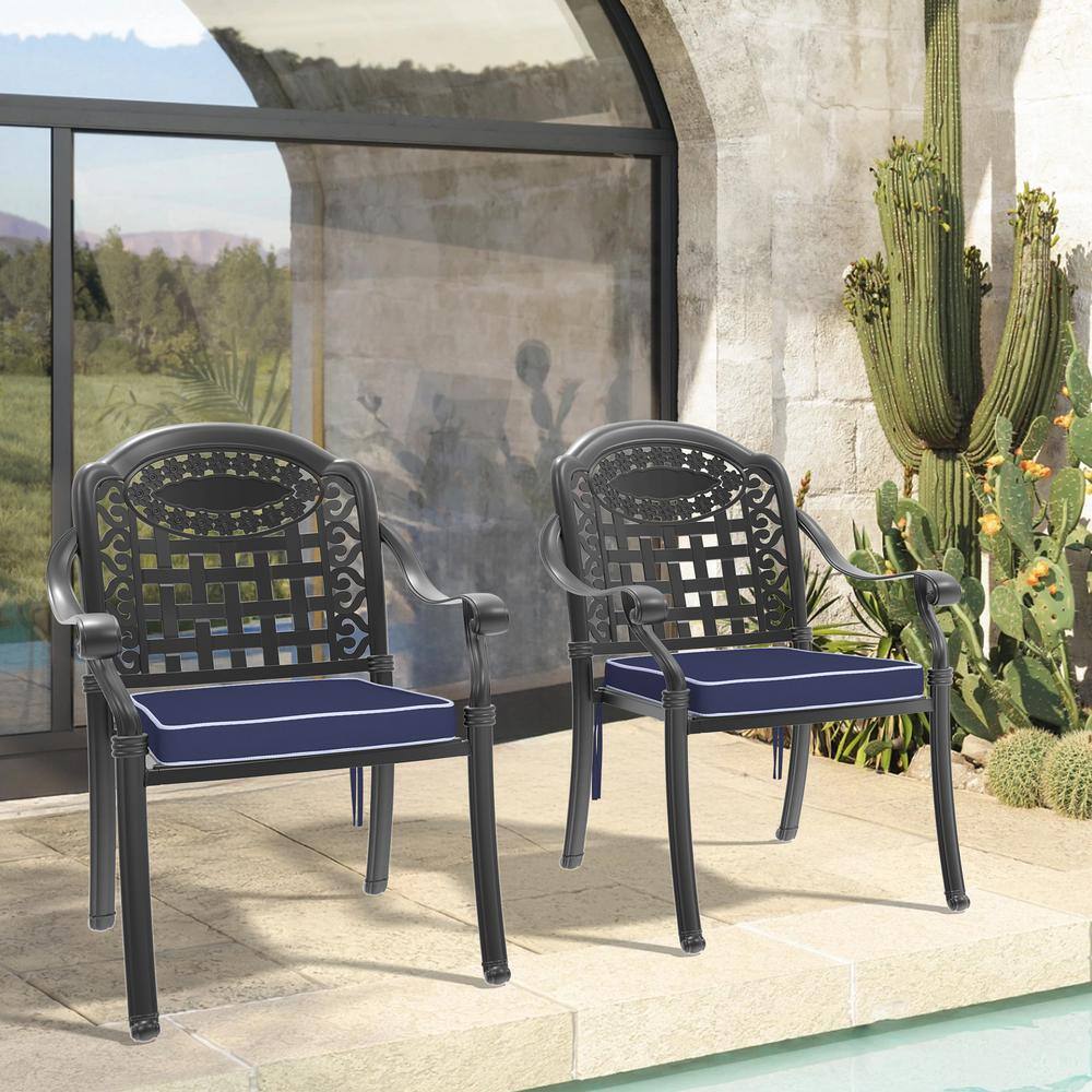 Matte Black Cast Aluminum Dining Armchairs with Blue Cushions