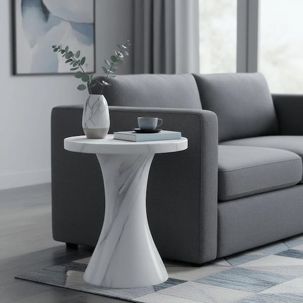 Isidra 19" Round Fiberstone Side Table with Marble-Inspired Finish and Flared Pedestal Base in Marbled White