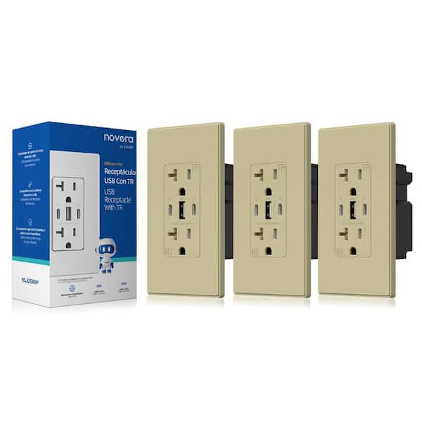 30W 6.0 Amp 3-Port USB Wall Outlet, 20A Duplex Receptacle with Dual Type C & A Ports, with Wall Plate, Matte Ivory 3Pc
